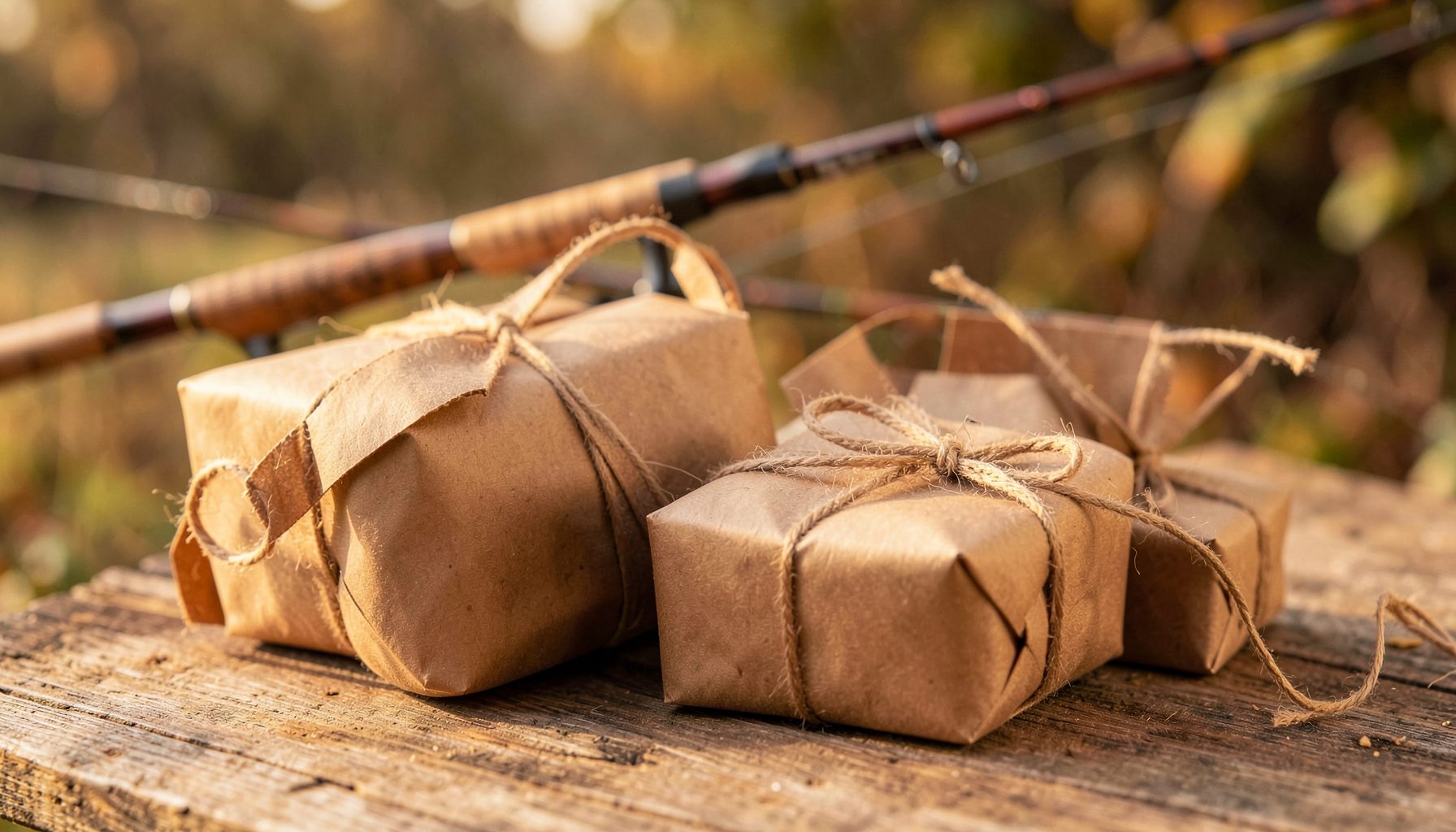 Cadeaux emballés dans du papier kraft avec une canne à pêche en arrière-plan, tons chauds et naturels