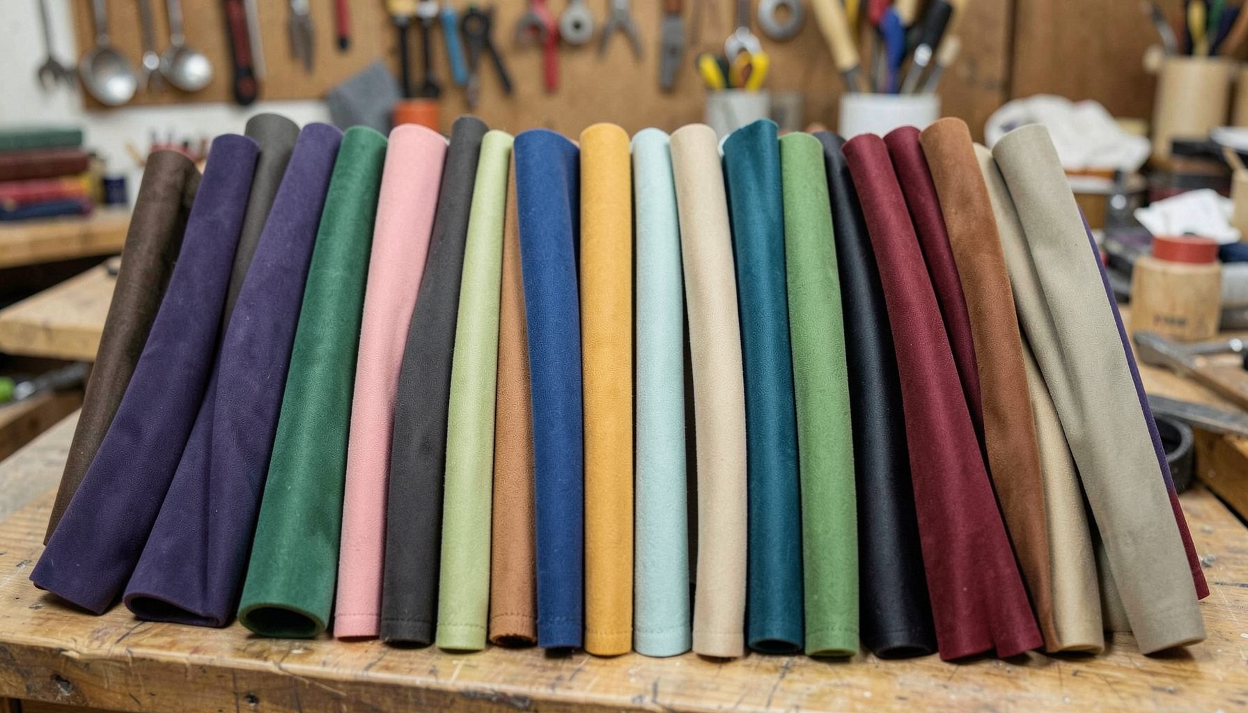 Collection de leurres souples et durs alignés, tons variés, ambiance atelier