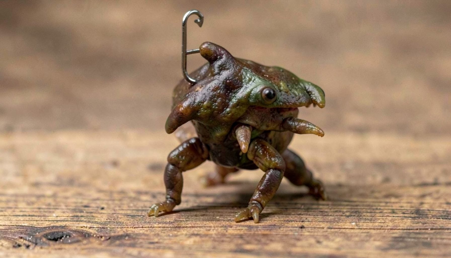 Créature souple type craw montée sur hameçon, tons marron et vert foncé, posée sur une surface en bois