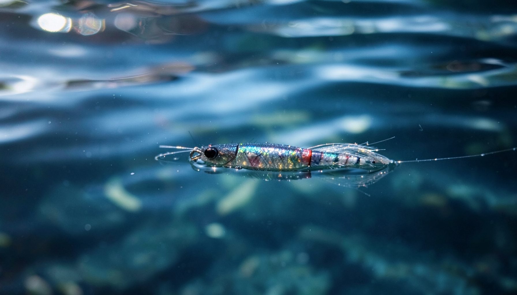 Gros plan d'un leurre de pêche flottant juste sous la surface de l'eau, tons argentés et bleus profonds, lumière douce filtrant à travers l'eau