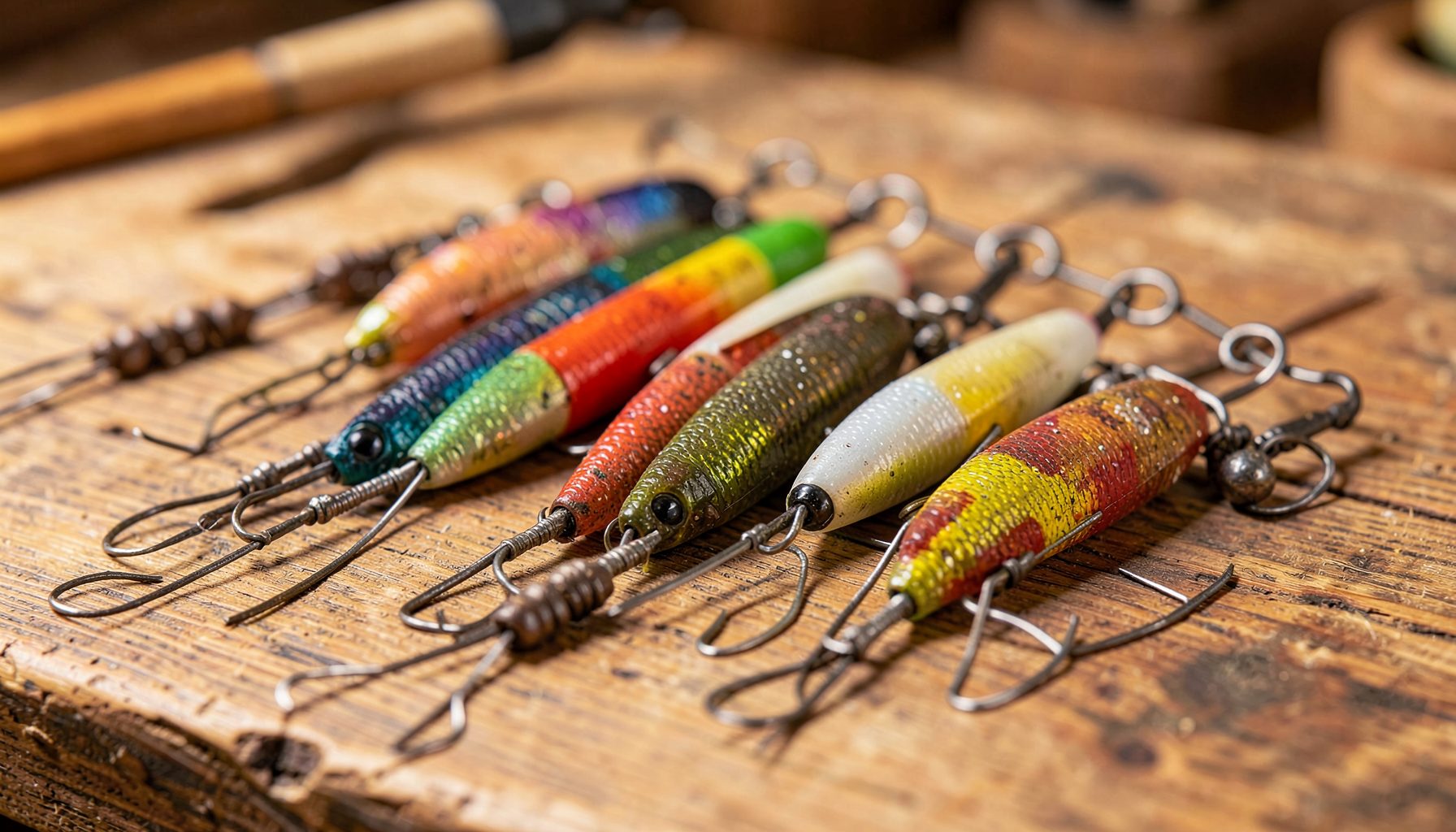 Gros plan sur une sélection de leurres de pêche colorés posés sur une surface en bois, tons chauds et naturels, ambiance atelier