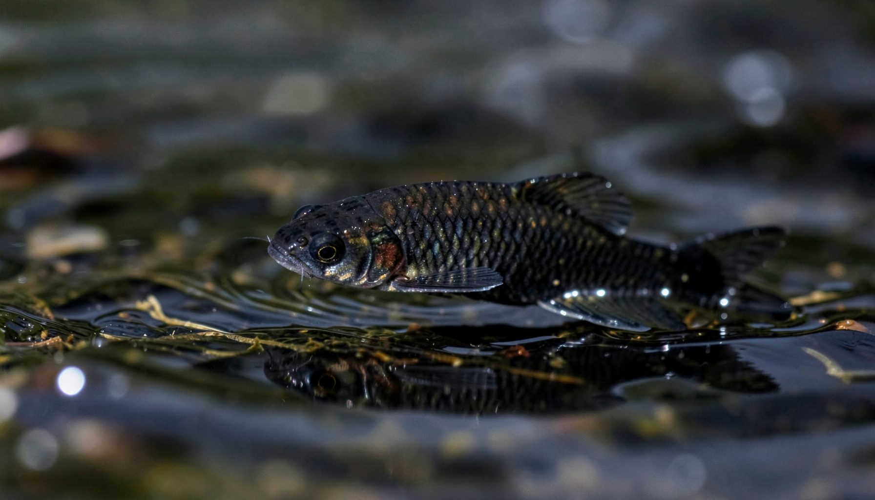 Leurre black-minnow en gros plan dans l'eau peu profonde, tons sombres et reflets métalliques