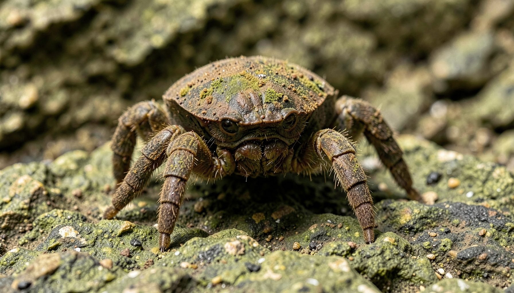 Leurre créature type craw sur un fond rocheux, tons terre et olive