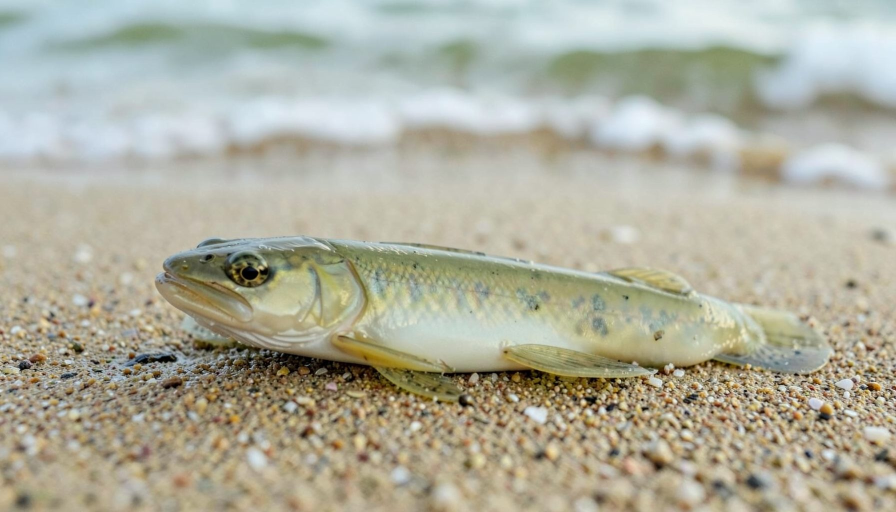Leurre souple de type shad posé sur le sable humide, tons olive et nacre, arrière-plan de vagues douces