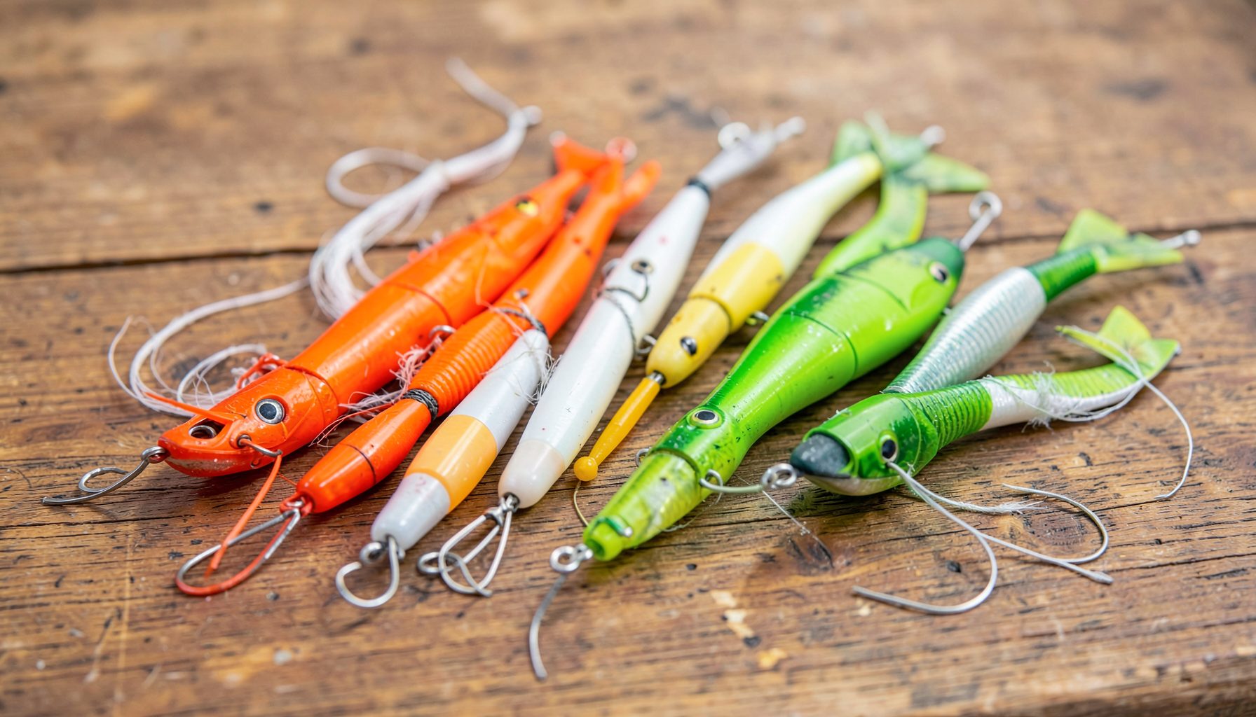 Leurres de pêche colorés posés sur une table en bois, tons vifs orange, blanc et chartreuse