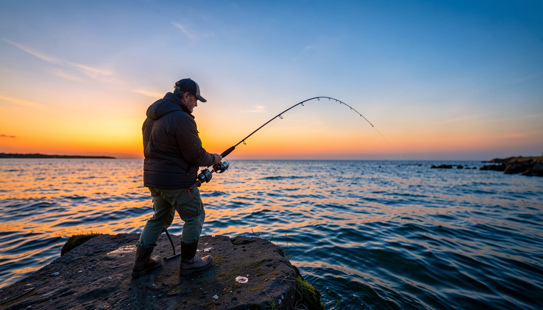 Pêcheur débutant lançant depuis une jetée au coucher du soleil, tons orangés et bleus
