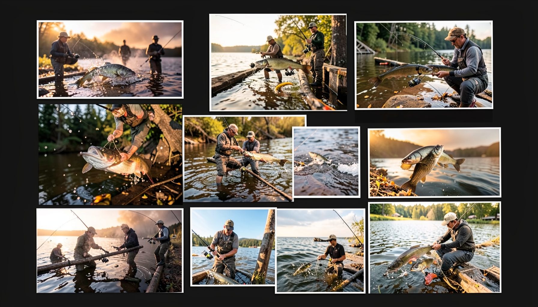 Rétrospective, collage de photos de pêche sur fond sombre, tons variés et chaleureux